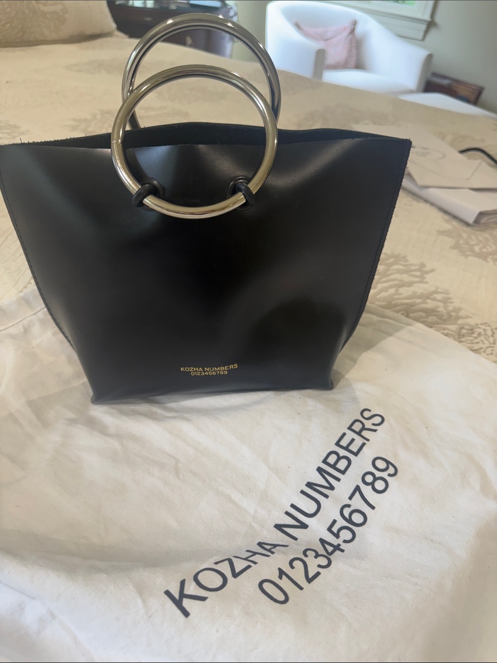 Black Leather Tote with Silver Ring Handles